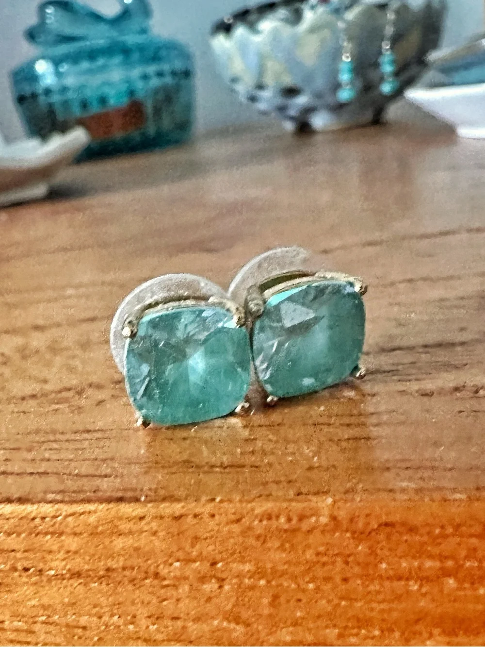 kate spade Small Square Stud Earrings with Aqua Cushion Stones